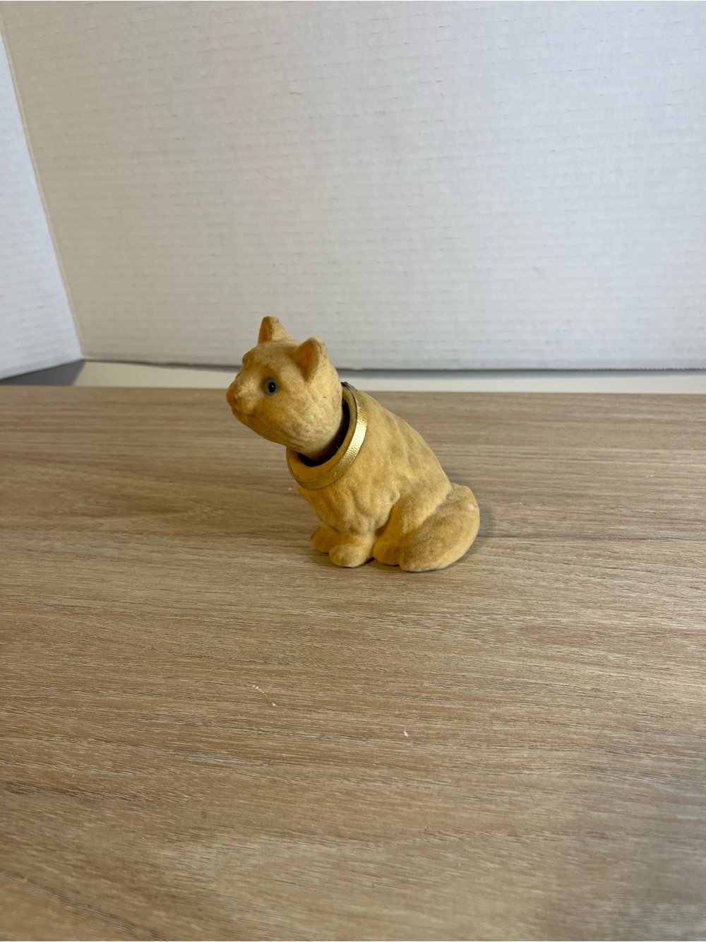 Tan Velvet Sitting Cat Figurine with Gold Collar - Decorative Accent